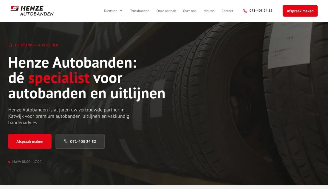 De homepage van de Henze Autobanden-website, gebouwd in WordPress